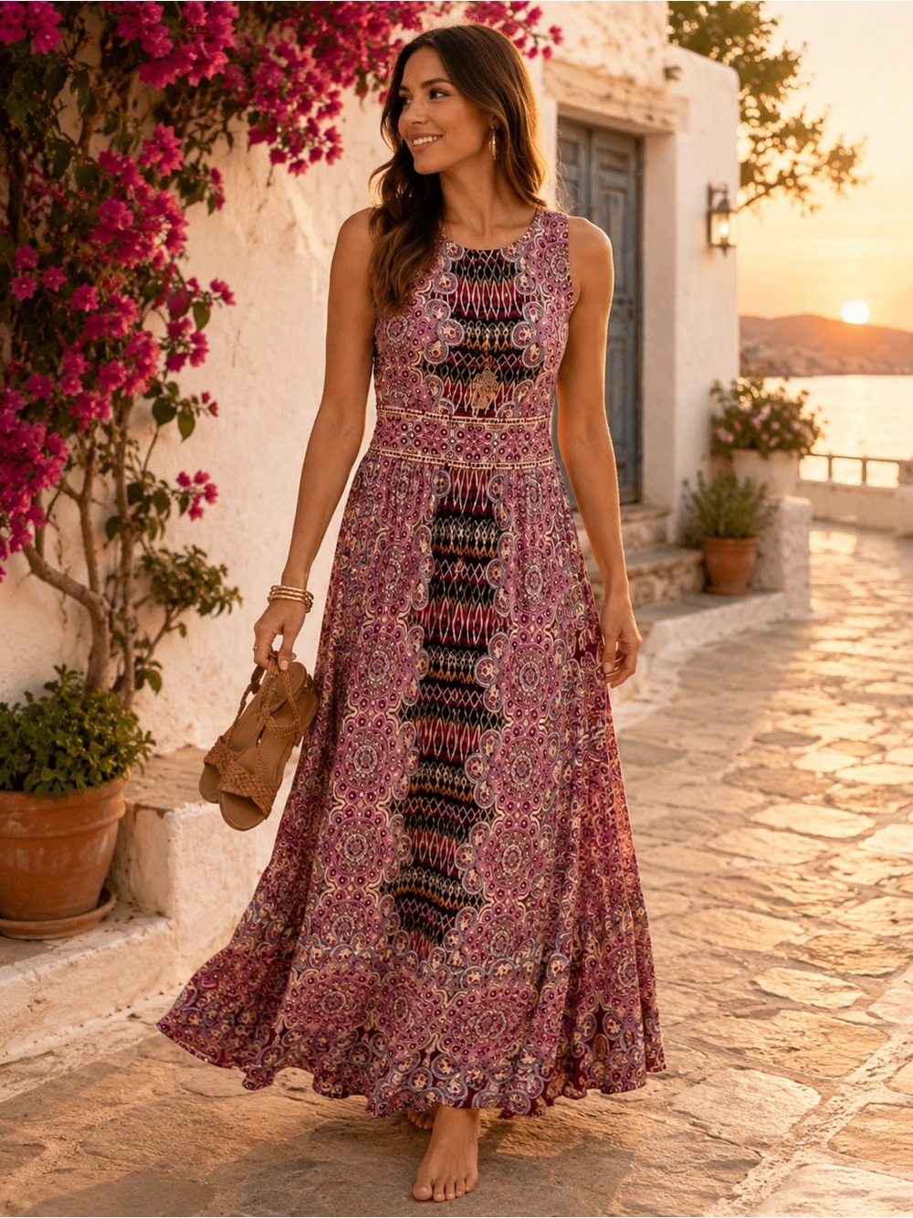 London Times Boho Medallion Maxi Dress Sz 12 Sleeveless Paisley Resort Vacation